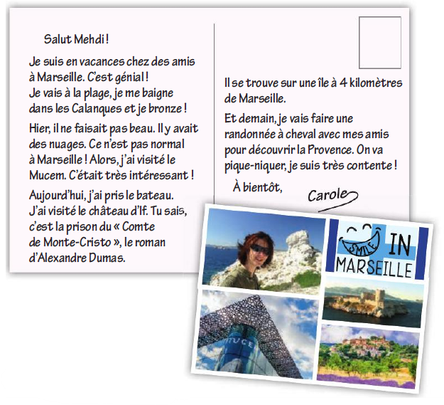 Carte postale de Carole à Mehdi, avec des photos de ses vacances à Marseille : une crique, le Mucem, un château et un village.